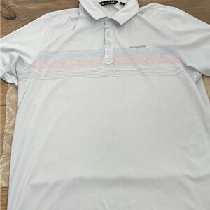 Travis Mathew White Polo with Pink and Blue Stripes